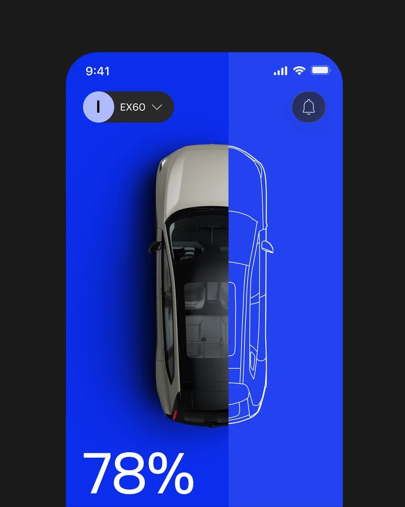 Volvo Cars app: a top-down view of the EX60 with the battery at 78%