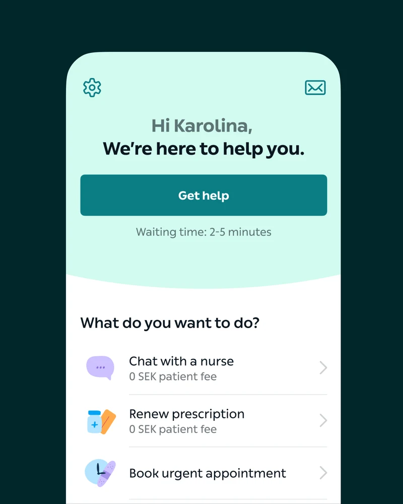 Kry app: a greeting and options to chat with a nurse or renew a prescription